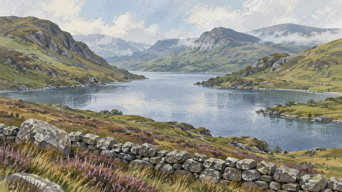 Illustration of a still upland reservoir among rounded hills, heather and a stone wall.