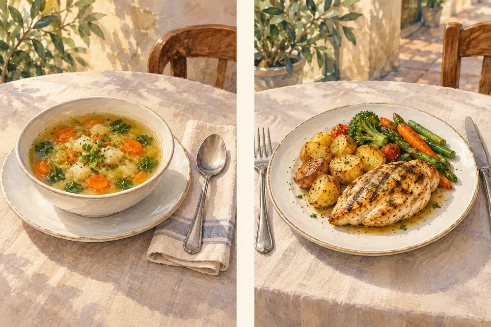 Two-panel illustration showing vegetable soup in one dining moment and a chicken main course in another.