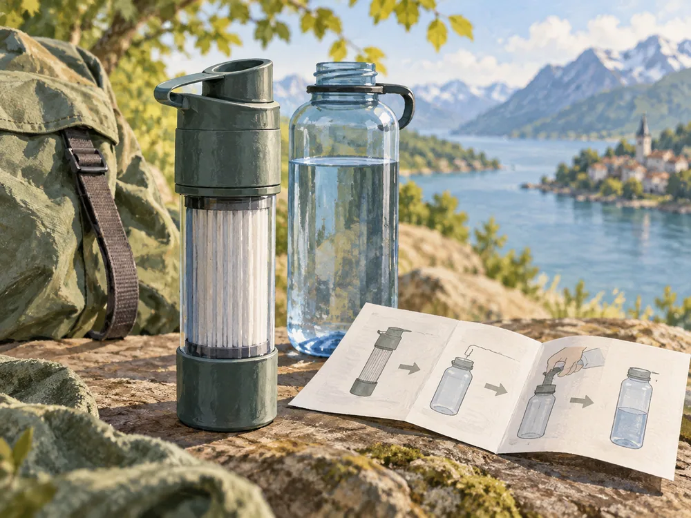 An illustrated close-up pairs a generic portable filter with a plain instruction leaflet and refillable bottle.