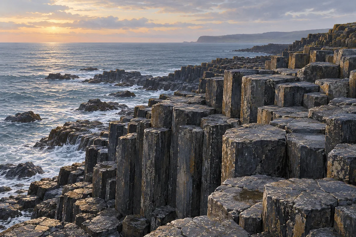 Illustration of stepped basalt columns with polygonal tops beside the sea.