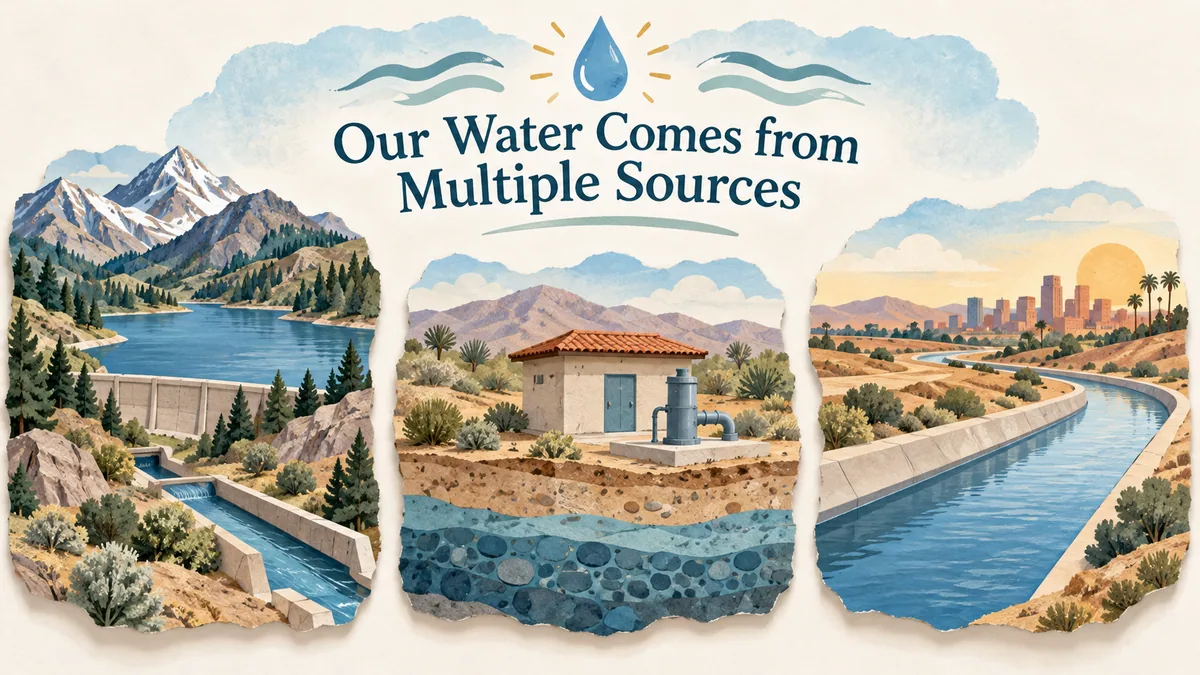 Illustration with a generic multiple-sources heading above separate mountain-water, well-building and canal panels.