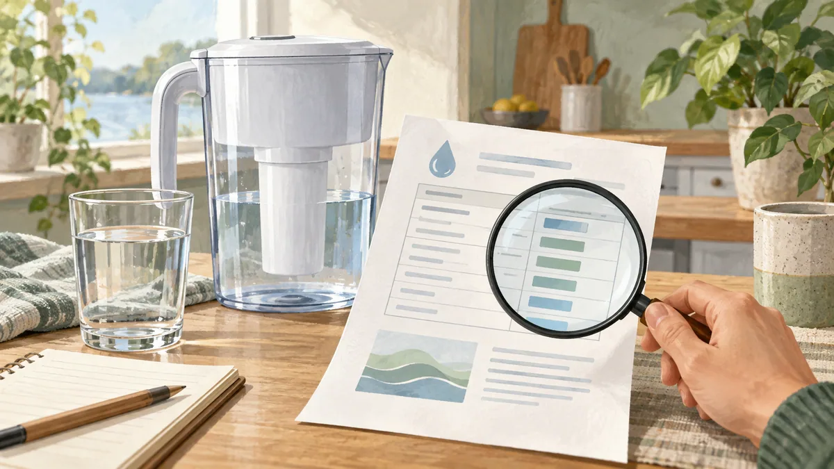 An unbranded filter, plain performance-data sheet and magnifying glass are arranged in an editorial illustration.