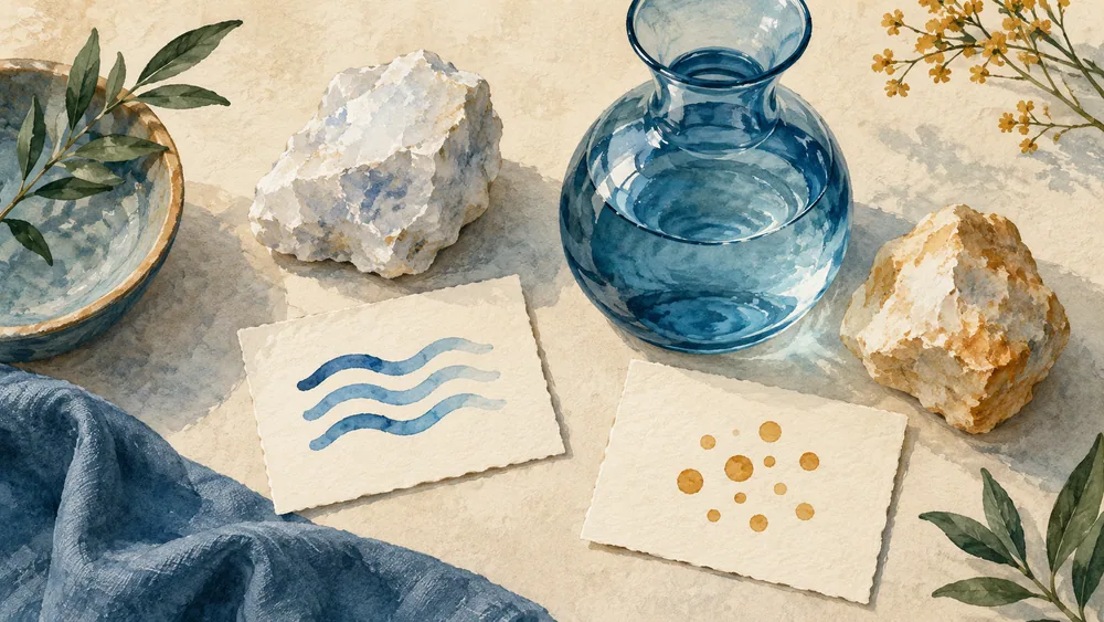 Generated illustration of a carafe, decorative stones and separate paper cards with abstract wave and dot marks.