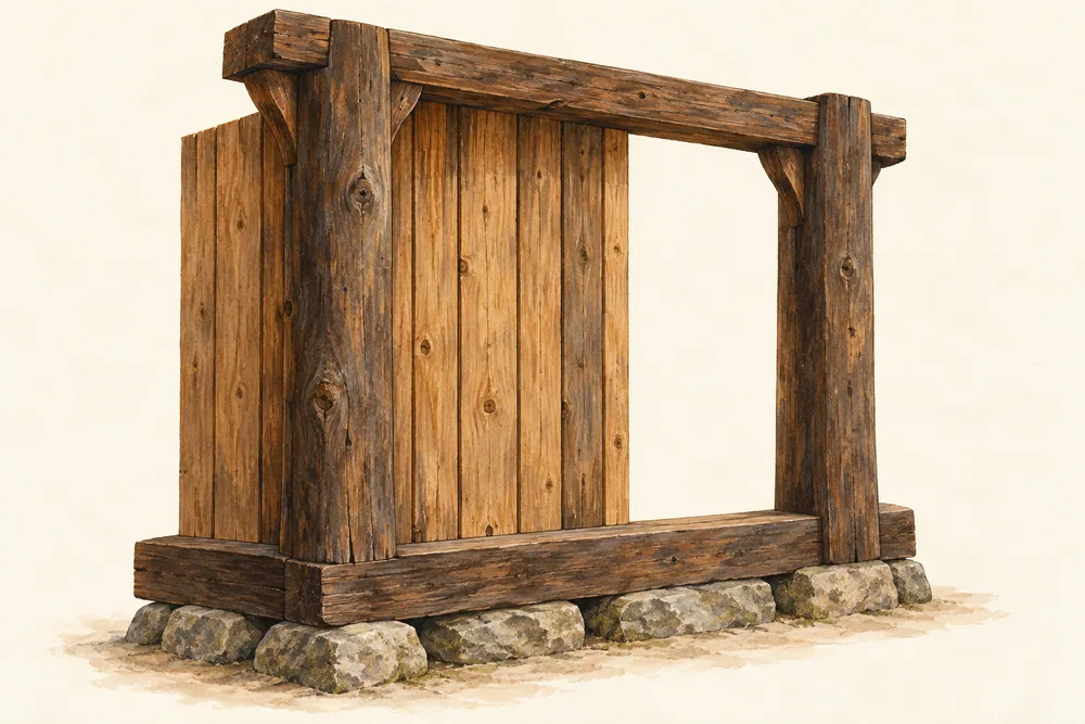Conceptual illustration of upright timber posts, horizontal beams and wall boards above a stone foundation.