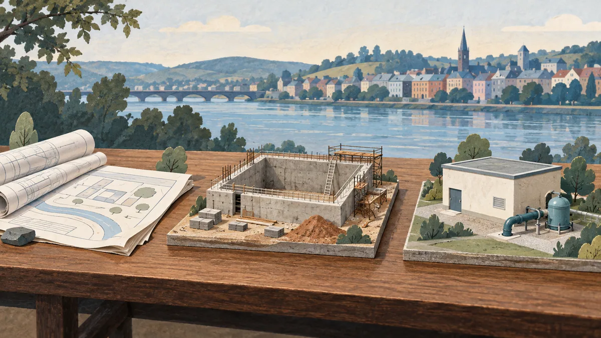 Illustration of plans, an unfinished basin model and a separate small utility-building model on a table.