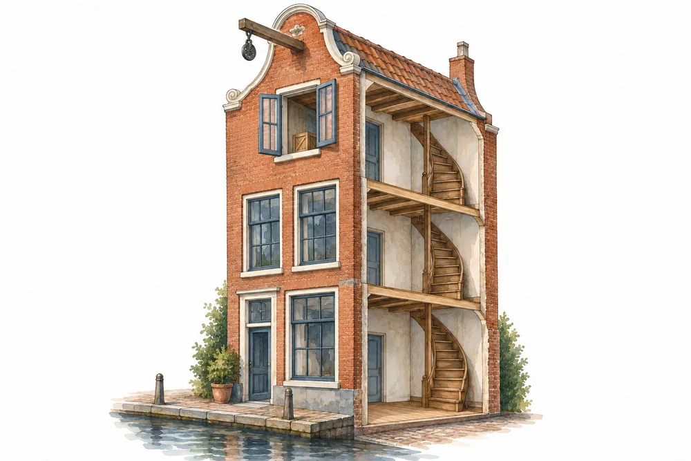 Cutaway illustration of a narrow canal house, with spiral stairs, an upper storage room and an empty pulley hanging outside the open window.