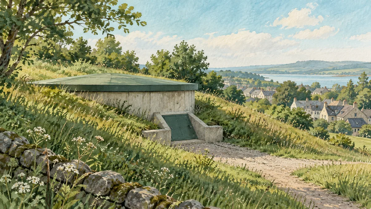 An imagined covered storage structure on a hillside above distant houses.