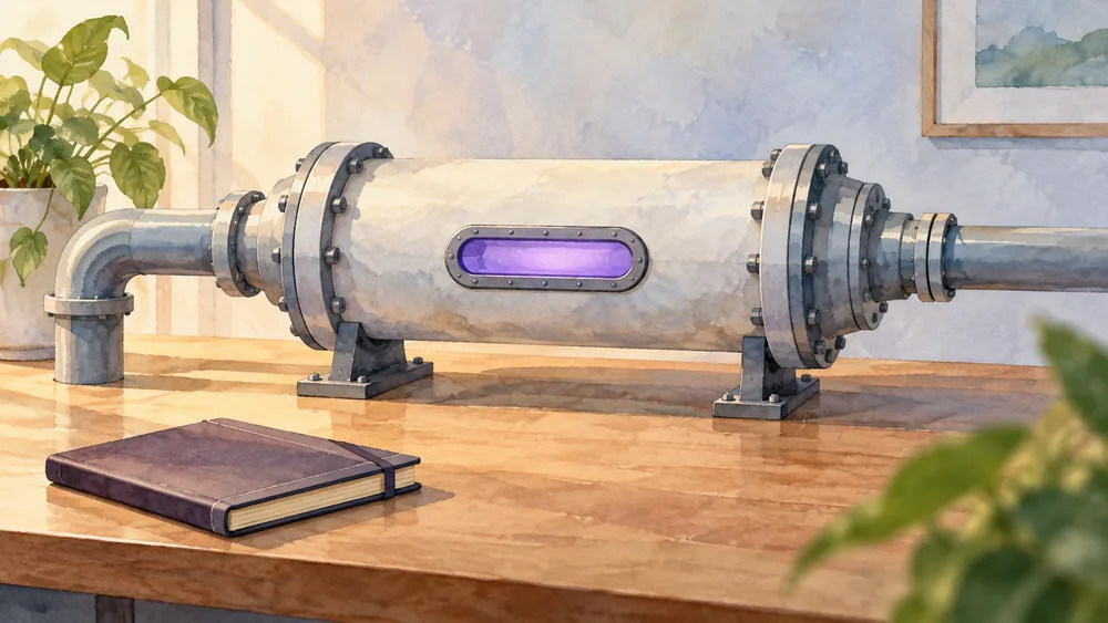 Illustration of a closed tubular chamber with a violet window beside a plain notebook.
