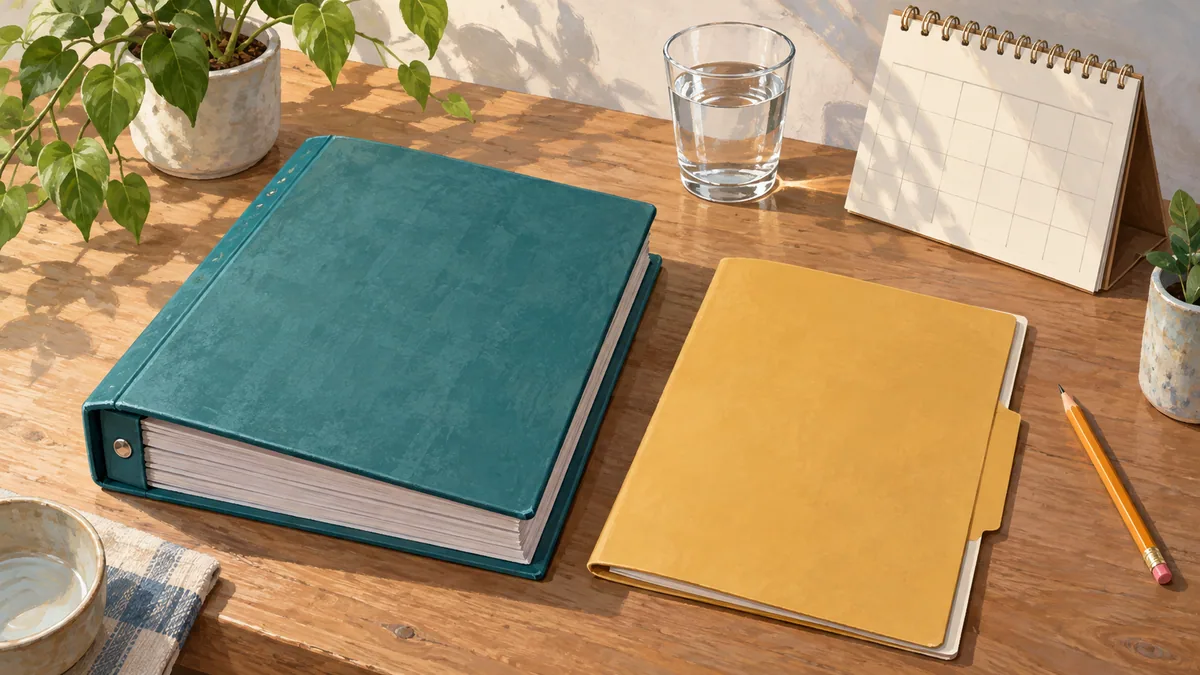 Thick teal binder and thin ochre folder beside a blank-grid calendar, glass and pencil.