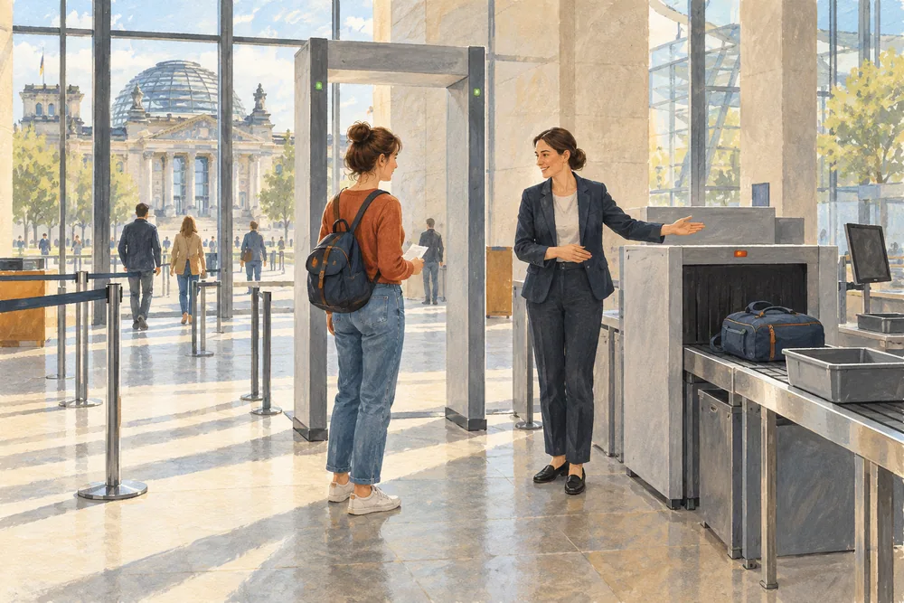 Illustrated visitor with a small bag beside a metal detector and an X-ray conveyor.