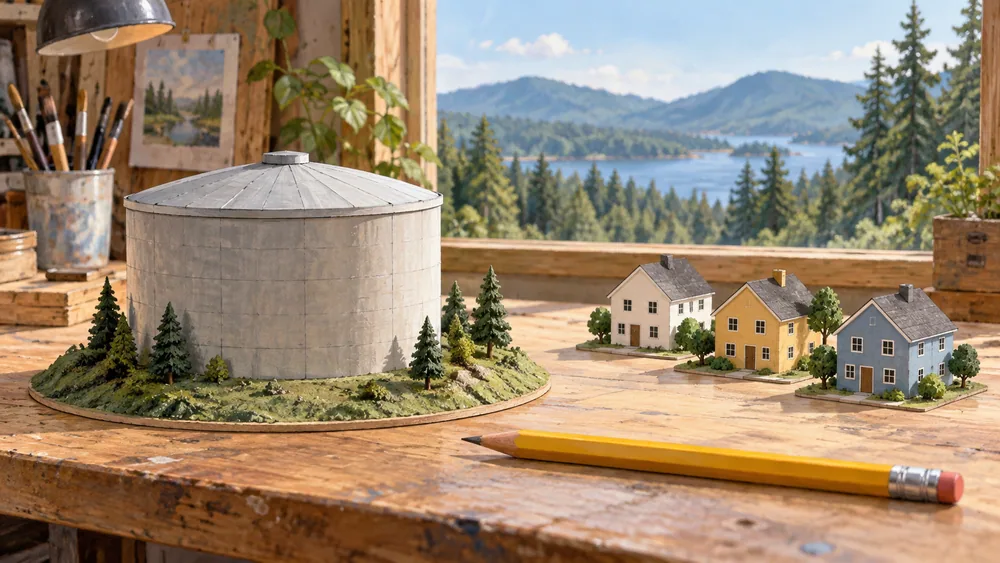 Miniature covered tank and three separate model houses, with a large pencil on a worktable.