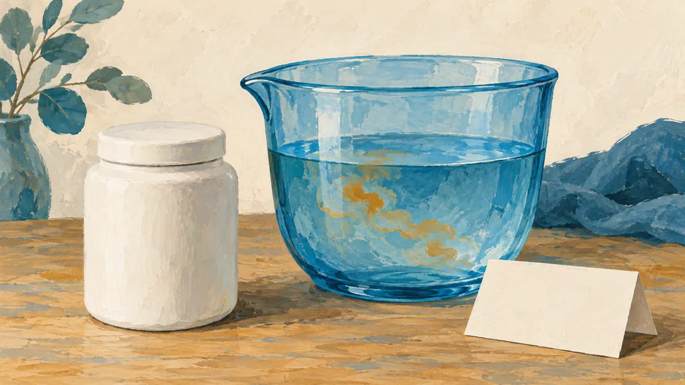 Generated illustration of a closed unmarked jar beside a blue vessel model with abstract ochre shapes and a blank card.