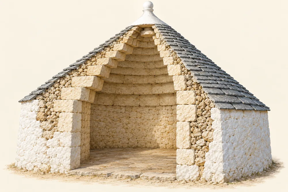 Conceptual cutaway showing a trullo's thick stone walls, inward-stepping inner vault and separate outer roof covering.