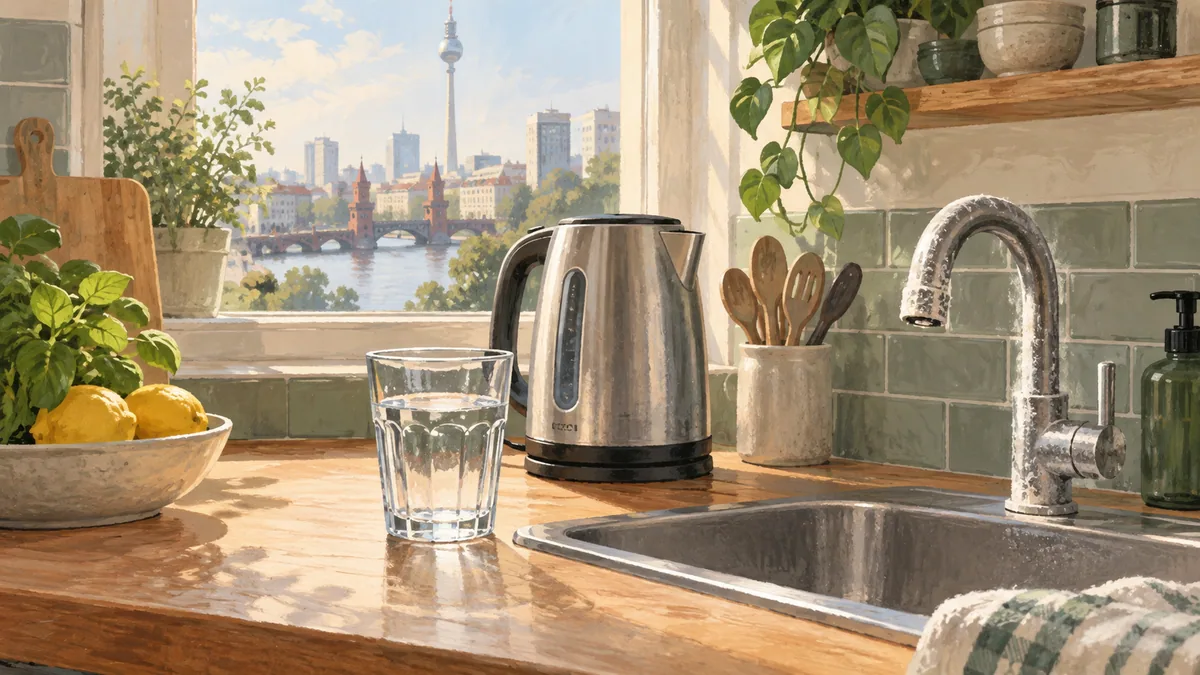 Illustrated Berlin accommodation kitchen with a kettle, glass and white deposits coating a faucet.