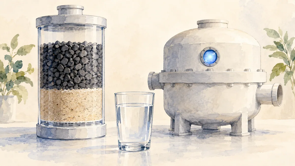 Illustration of a granular filter model, an anonymous closed chamber and a glass.