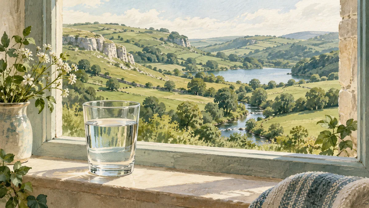A glass on a windowsill above an imagined green valley, lake and watercourse.