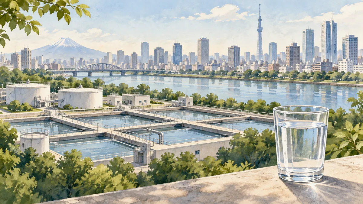 Illustrated Tokyo city skyline with a generic treatment works and a drinking glass in the composition.