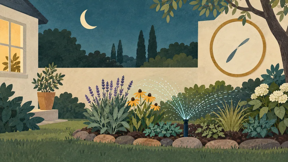 Generated illustration of a small garden watering system beneath evening light and an unnumbered clock.