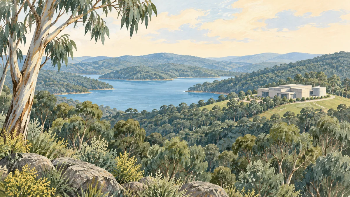 An imagined forested reservoir and an unlabelled treatment building on a hill.