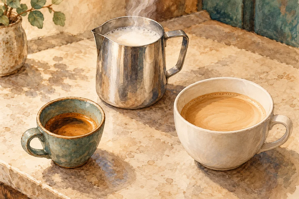 Illustration of a small espresso cup, a steaming milk pitcher and a larger cup of pale milk coffee.