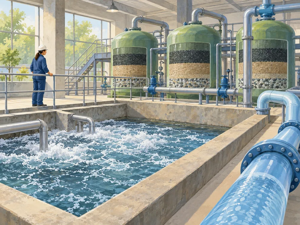 Conceptual waterworks interior with an aeration basin, filter vessels and connecting pipes in an editorial illustration.