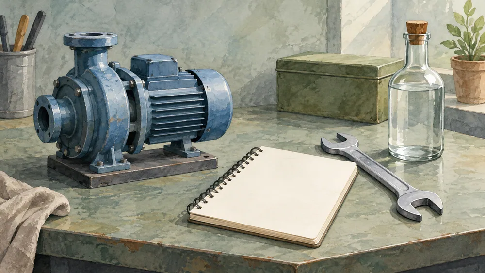 Illustration of a small blue pump model beside a blank notebook, spanner and plain bottle.