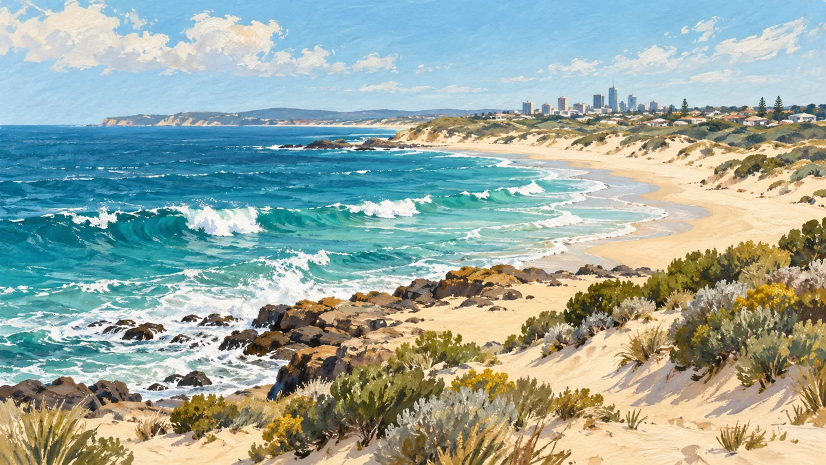 Painted ocean and dunes beside an imagined coastal city.