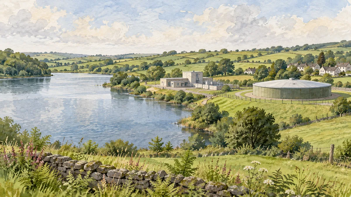 Illustration of a lake, a treatment works, a roofed storage tank and houses in an invented landscape.