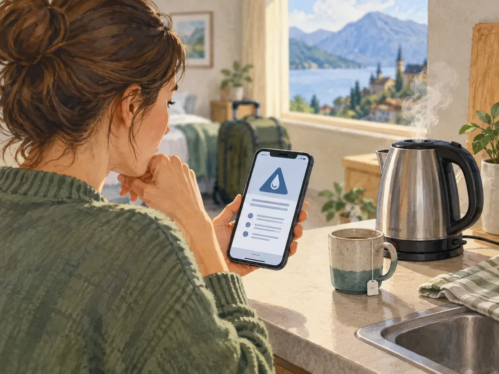 An illustrated traveler holds a phone with an unreadable notice display beside a kettle on a kitchen counter.