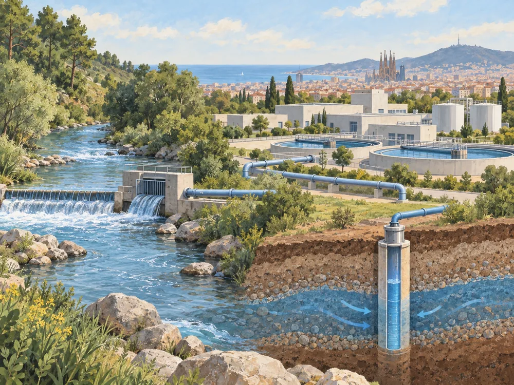 Conceptual river and groundwater-well routes leading to a generic treatment works in an illustrated landscape.