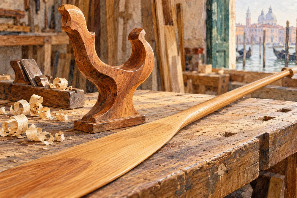 Watercolor illustration of a carved wooden oar rest beside a separate oar on a workbench.