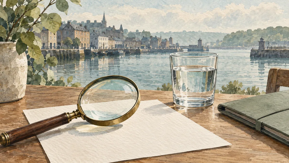 Blank papers, a magnifying glass and a water glass on an imagined desk by a waterfront.