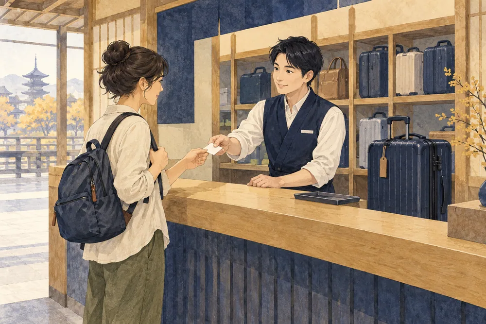Illustration of a station attendant passing a claim ticket to a traveller at a luggage-storage counter.