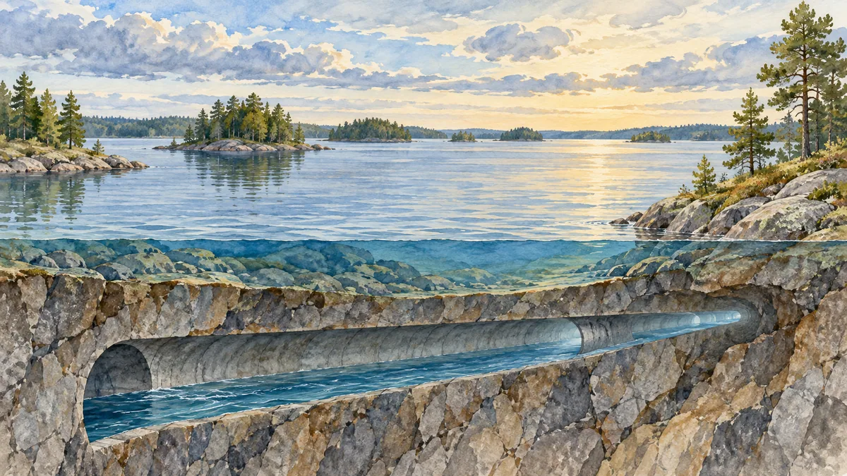 An invented cutaway shows a lake above a generic water tunnel.