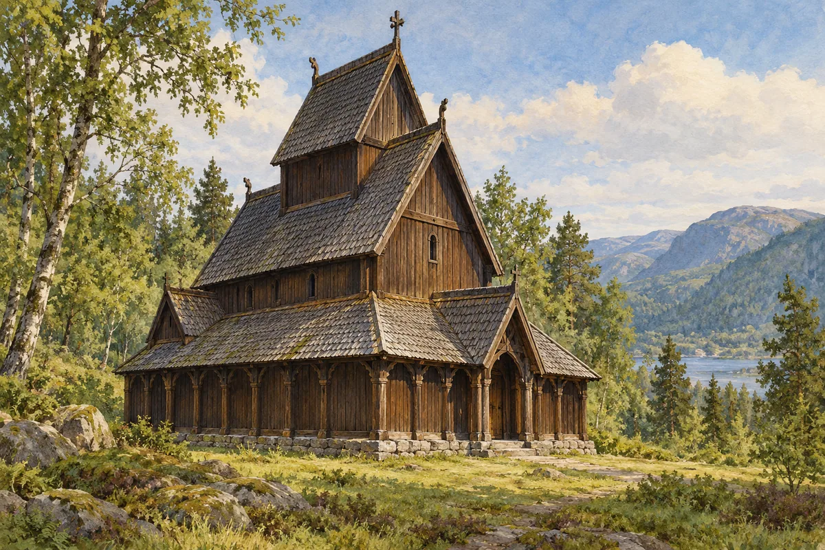 Illustration of a dark timber church with steep shingled roofs and a lower surrounding gallery.