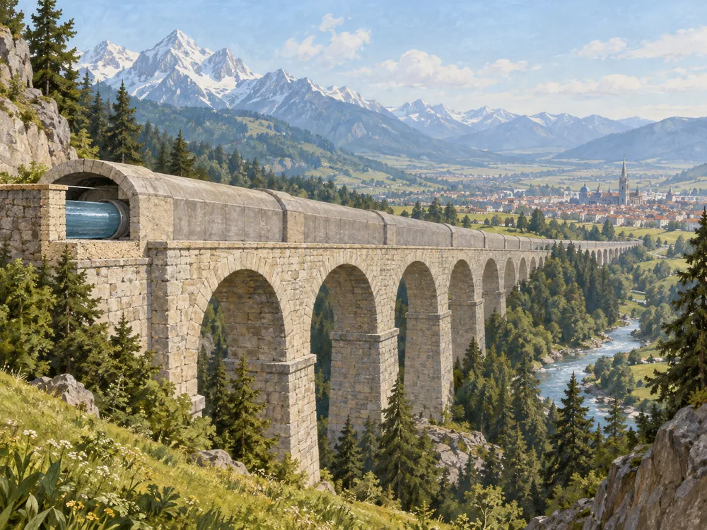 Historical reconstruction of a masonry aqueduct spanning an Alpine valley in a mountain landscape.