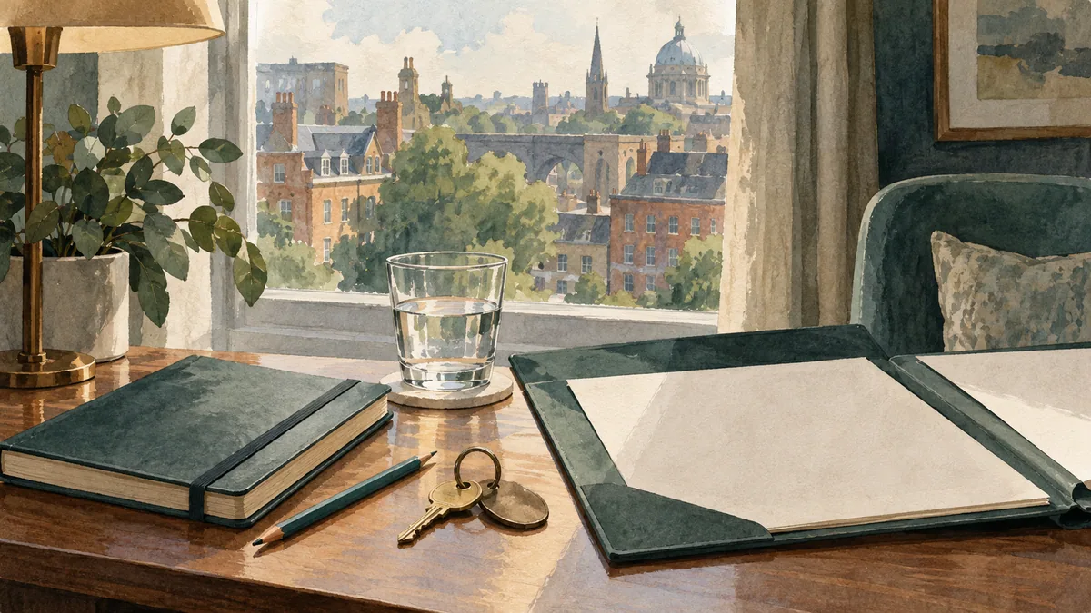 A glass, blank folder and notebook on an imagined guest-room desk.