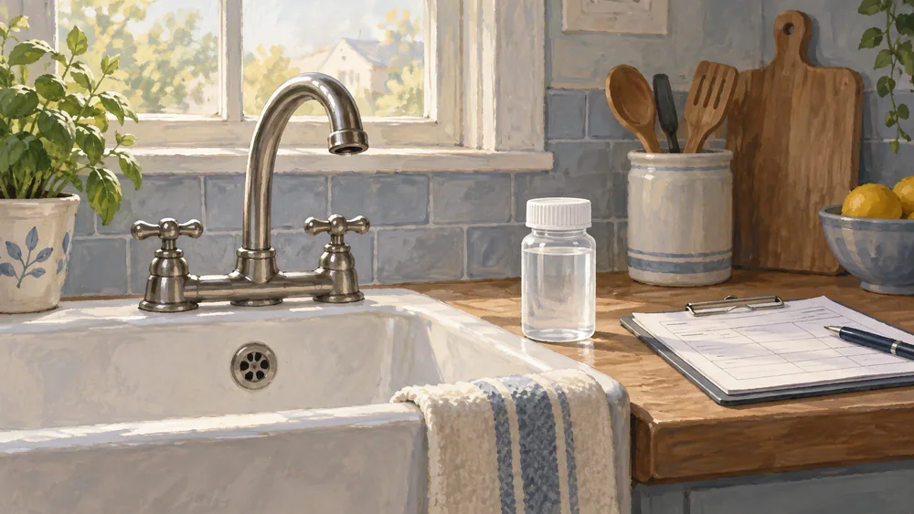 A closed kitchen tap beside a capped bottle and a blank inquiry form.