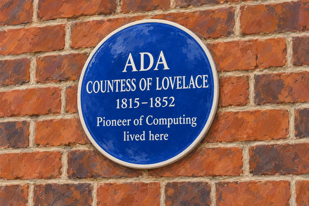 Illustrated blue plaque naming Ada, Countess of Lovelace, her lifespan and her connection to the house.