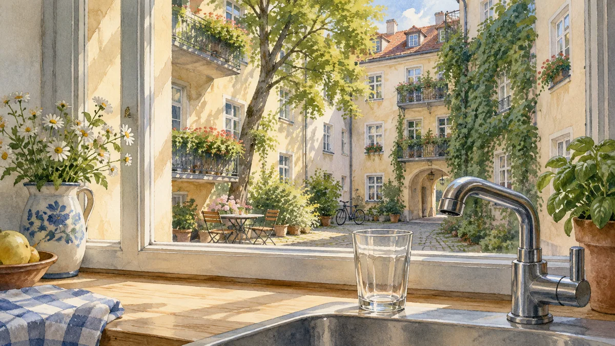 A painted apartment courtyard appears beyond a fictional kitchen tap and glass.
