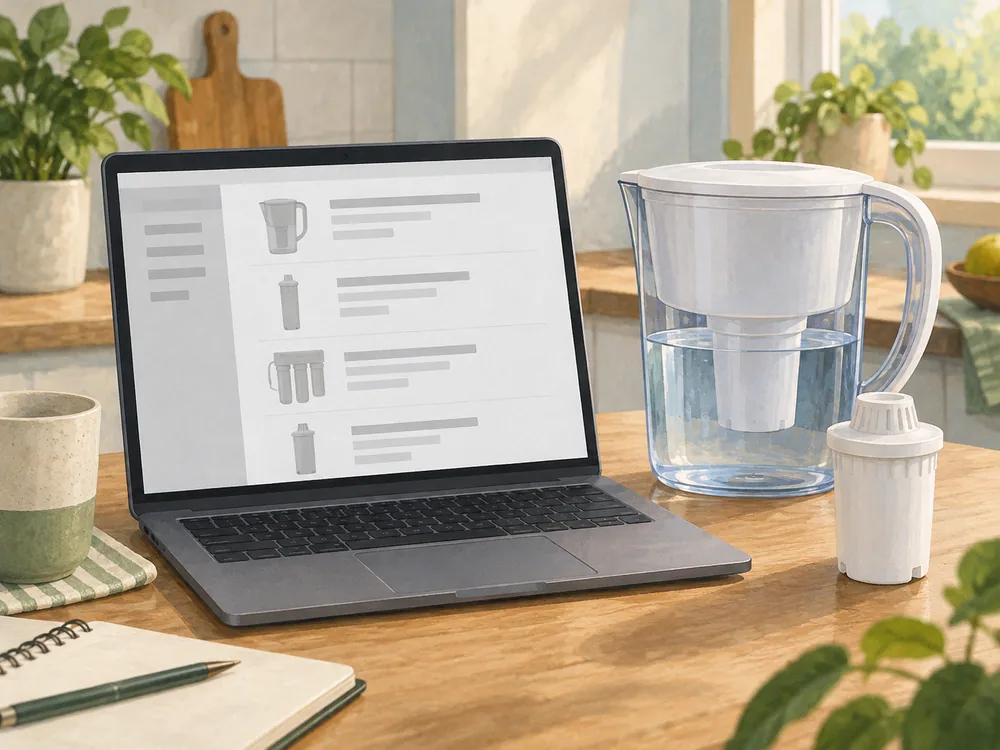 Illustrated laptop with an abstract directory screen beside a generic filter and replacement cartridge.