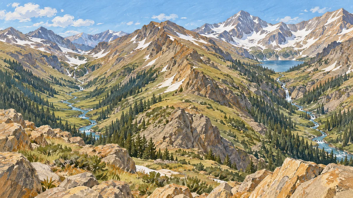 Imagined mountain valleys separated by a ridge, with streams and a distant lake.