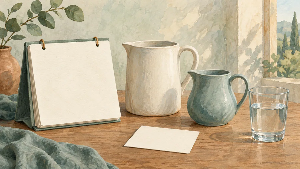 Blank bound calendar pages, two unmarked jugs, an empty card and a water glass.