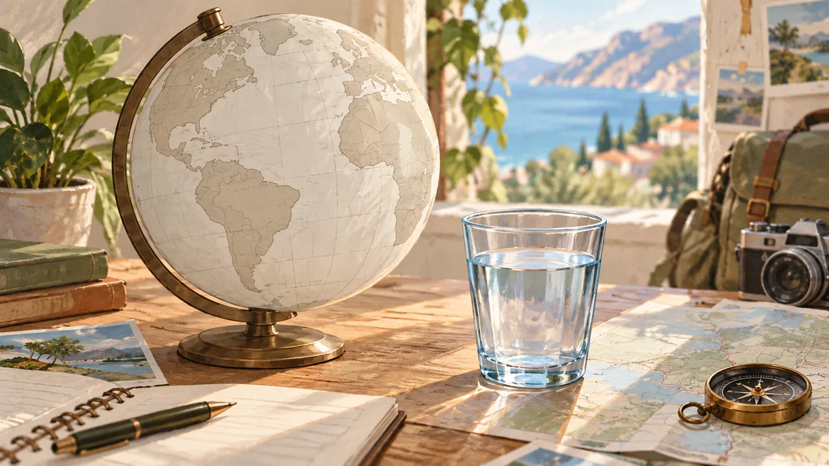 An uncolored globe stands beside a drinking glass on an illustrated travel-planning desk.