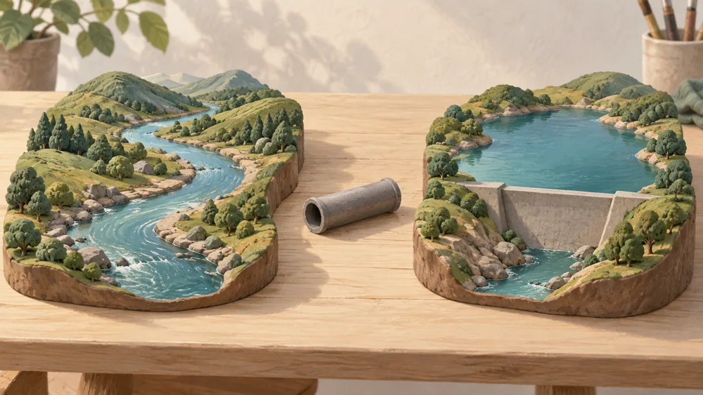 Separate tabletop models of a winding river and a reservoir, with a loose pipe lying between them.
