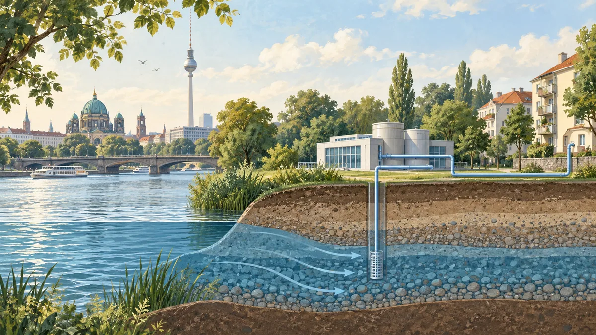 Conceptual Berlin riverside scene with a distant television tower and a groundwater cutaway near waterworks and homes.