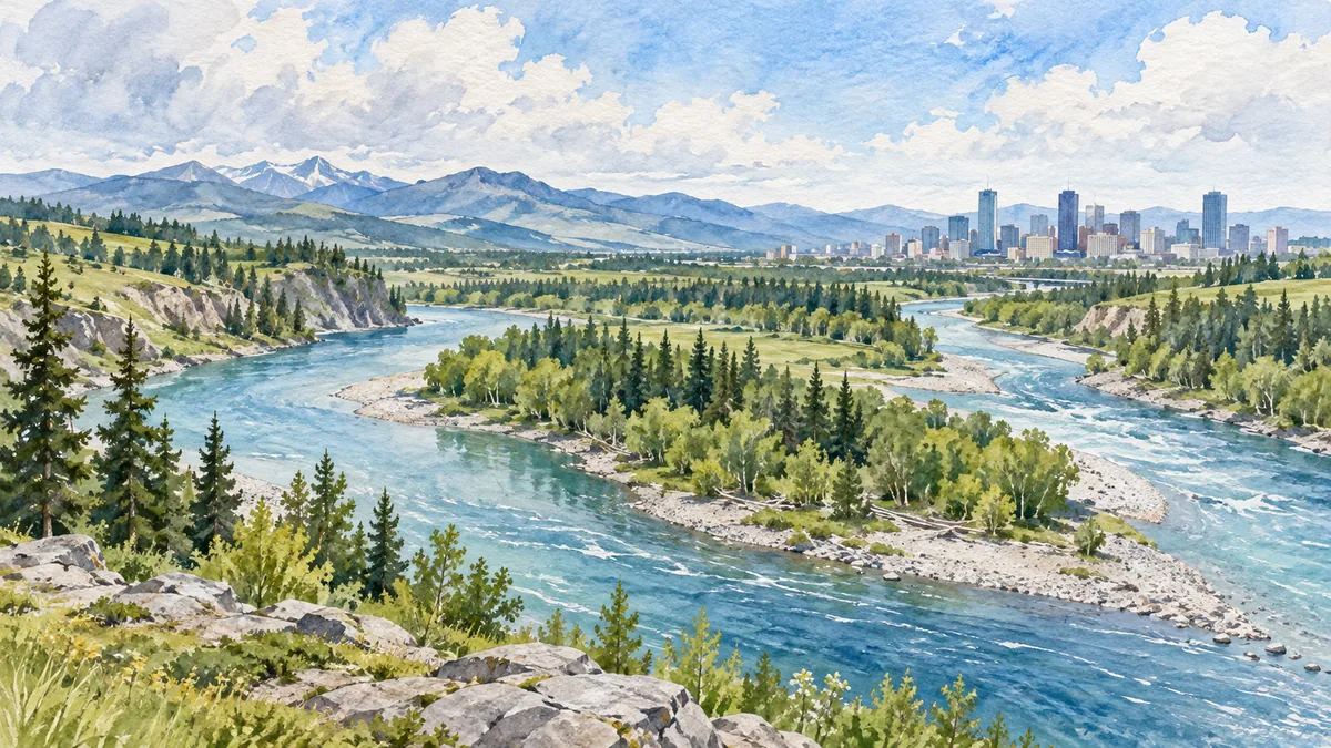 Two imagined river channels with foothills and distant city buildings.