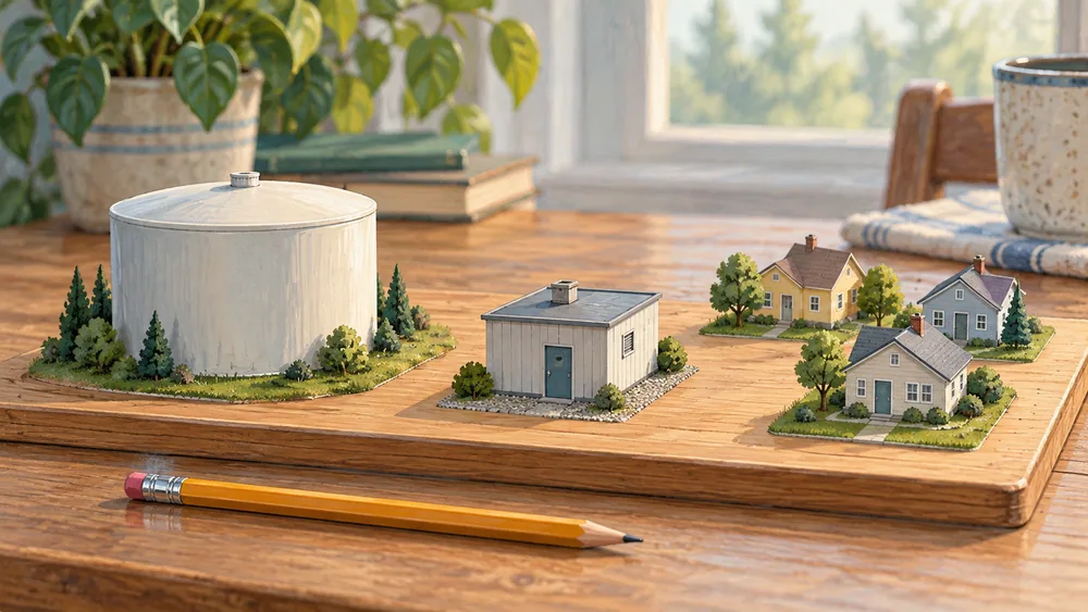 Tabletop miniature of a covered tank, plain pump building and model houses, with a pencil showing the scale of the props.