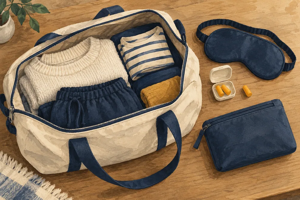 Illustrated flat lay of a sleep mask, earplugs and a small pouch beside a travel bag.