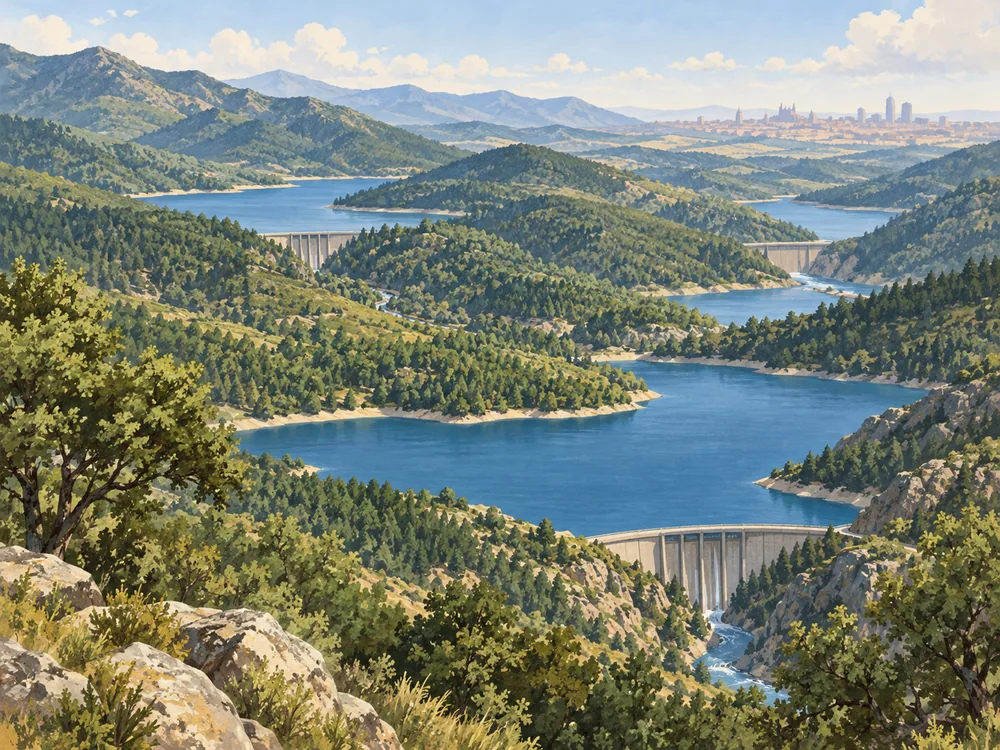 Conceptual landscape showing several reservoirs among wooded valleys, with simplified catchment connections.
